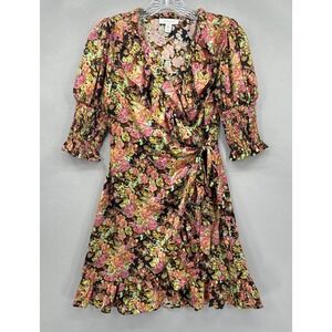 Topshop Dress Womens XS 2 Floral Wrap Puff Sleeve Ruffles Mini Black Pink Green